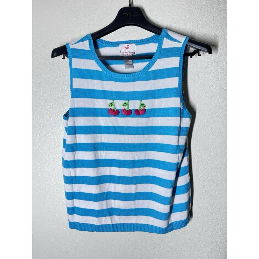 Quacker Factory Retro‎ Blue & White Stripe Cherry Sleeveless Sweater Size Large